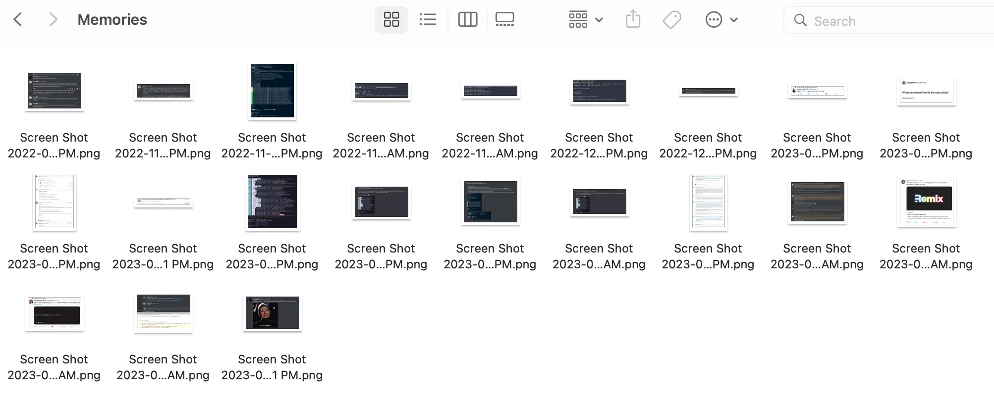 A folder called "Memories" with screenshots inside